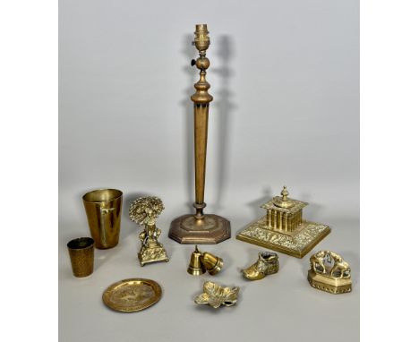 A group of brass ware - including a mid-century table lamp with octagonal base, 46.5cm high; a Victorian square inkwell by Wi