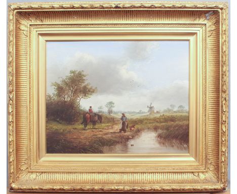 British School (20th century) Figures beside a pond on a country lane oil on panel, signed with monogram JM lower right 11¾ x