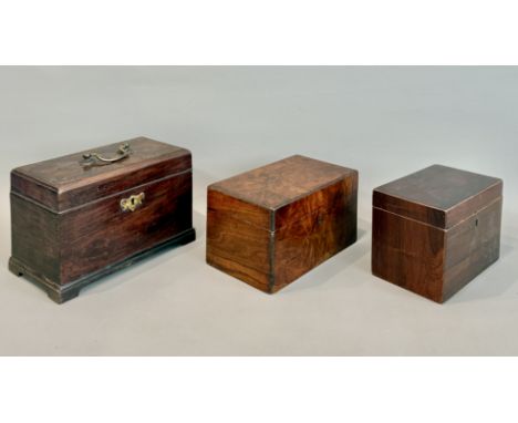 Three antique tea caddies - comprising a George III rosewood veneered sarcophagus tea caddy, with gilt brass handle to lid, t