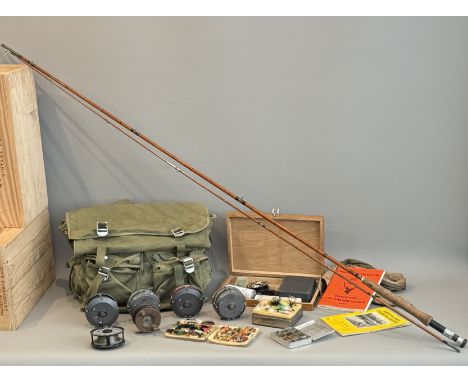 A small collection of vintage mid-20th century fly fishing equipment - including a two-piece split cane Mk.26 Quinette rod by