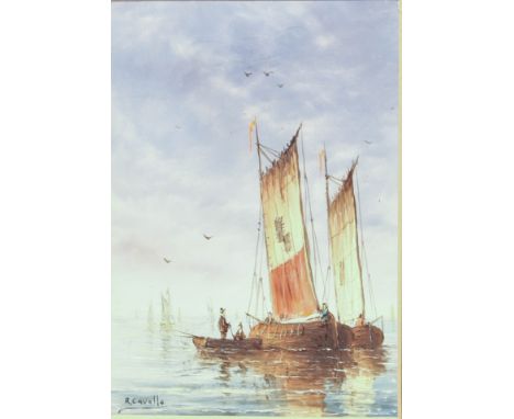 R. Cavallo (Italian, 20th century) Dutch barges in still waters oil on card, signed lower left 5 1/8 x 3½in (13 x 8.8cm), woo