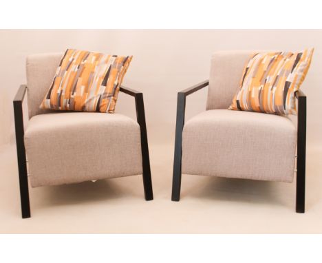 A pair of modern upholstered open chairs by SITS - with dark stained beech angular arms and legs, upholstered in light silver