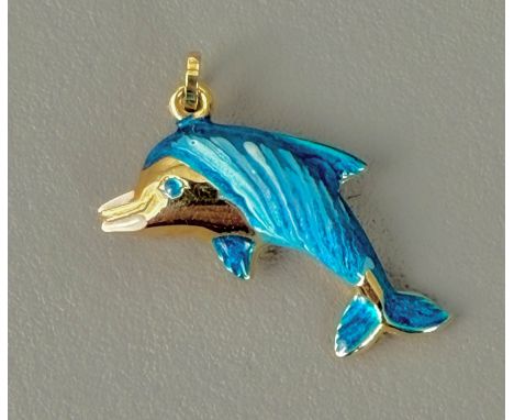 A 9ct gold and blue-enamel dolphin charm or pendant - stamped '9KT Italy', 23mm long.