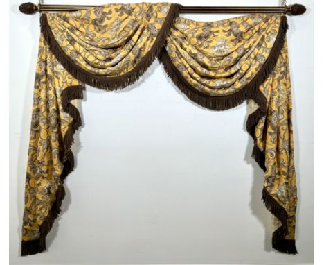 4 x handmade swags and tails in Nicholas Herbert 'Les Lionets', dark brown and yellow heavy cotton print contrast lined with 