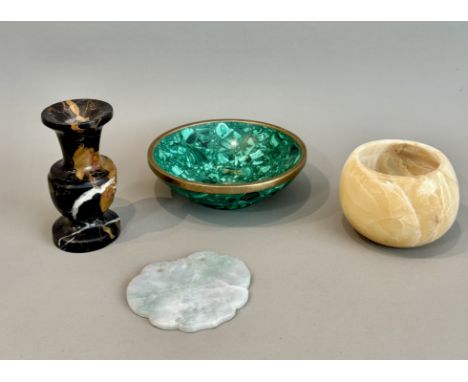 Four stone items - comprising a composite malachite veneered brass bowl, 13.2cm diameter; a Chinese jade style hardstone pend