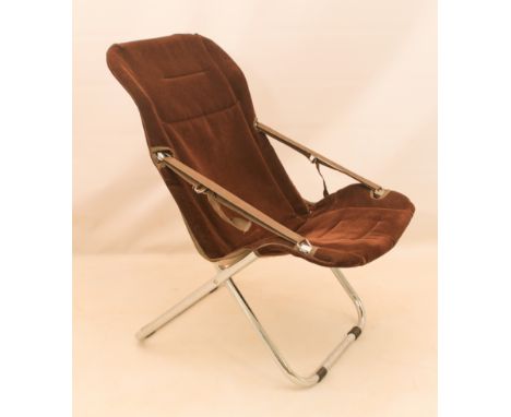 A vintage brown corduroy covered folding chair - 1970s-80s, with chrome steel frame, 63cm wide, 98cm high.