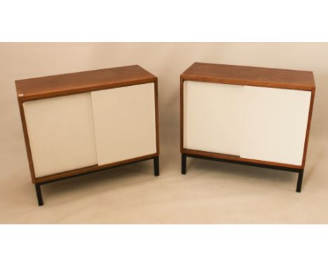 A pair of vintage 1970s teak, steel and white painted cupboards - one with a half bank of five internal drawers, the other wi