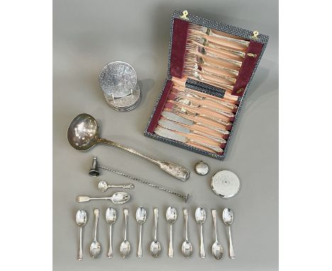 A small group of silver plated items - including a cased set of six fish knives and forks; a shell fiddle thread pattern soup