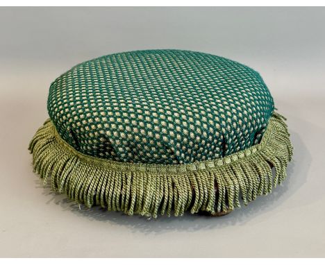 A mid-19th century rosewood circular foot stool - the stuff over seat reupholstered in green and gold with olive green fringi