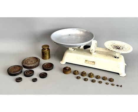 A vintage 1950s-60s pressed steel and aluminium shopkeeper's or pharmacist's scales - with a nested set of cast iron Imperial