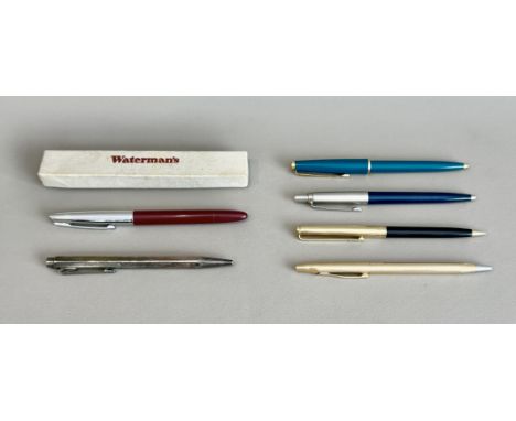 Six vintage pens and pencils - including a boxed Waterman fountain pen (vacuum filler a/f); a Caran d'Ache silver plated ball