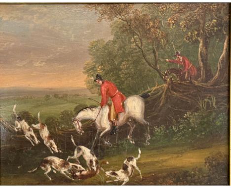 Follower of Henry Alken (1785-1851), 19th century The kill oil on mahogany panel 6 x 7½in (15.25 x 19cm), mahogany cavetto fr