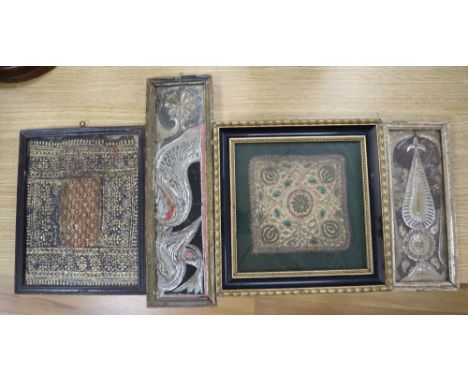 Two Indian mica panels, a silk thread panel and another, largest 33 x 8cm