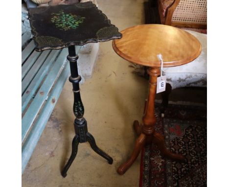 A Victorian satin walnut tripod wine table, 35cm diameter together with a Victorian painted tripod table