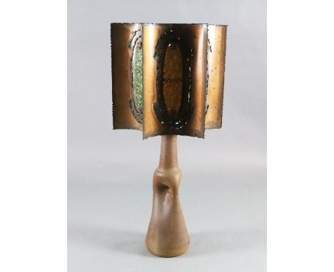 A French Accolay pottery copper and glass shard table lamp, c.1970, with concave hexagonal shade, height 101cm. Diam. 53.5cmC