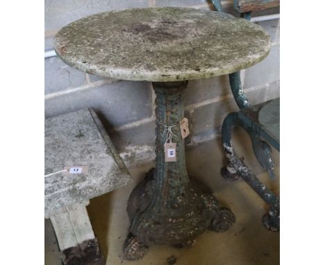 A Victorian cast iron garden table with marble top, 58cm diameter, height 76cm