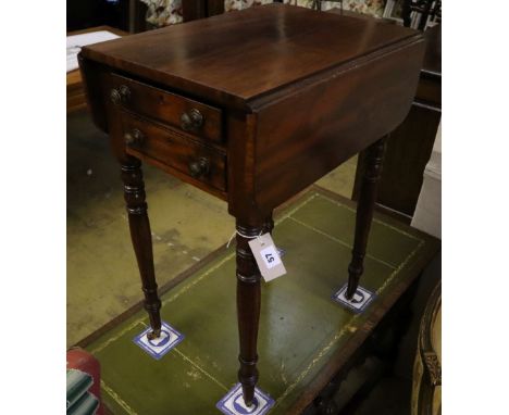 A Regency mahogany drop flap work table, width 40cm, depth 50cm, height 71cm