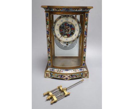 A late 19th / early 20th century French champleve enamel four glass mantel clock, height 27cm
