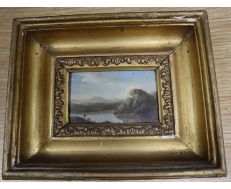 19th century English School, oil on wooden panel, Landscape with travellers beside a lake, 6.5 x 10.5cm