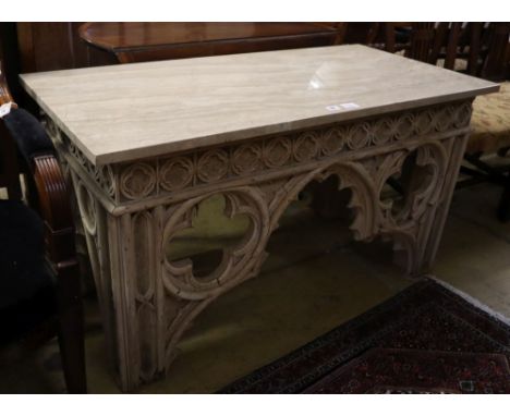 A Gothic style marble top bleached oak console table, width 122cm, depth 58cm, height 66cm