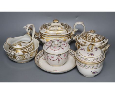 A Derby gilded part tea set, two Derby sucrier and covers and a similar dish, c.1790-1810, blue, puce, gilt and iron red mark