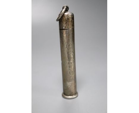 An early 20th century sterling mounted ivory cylindrical thermometer, with swivelling column, 11.2cm.