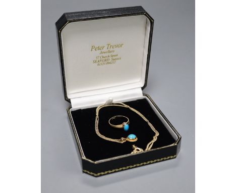 A cabochon turquoise-set oval pendant on 9ct gold fine chain and a similarly-set 9ct gold ring, gross 5.4 grams.