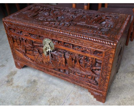 A Chinese carved camphorwood trunk, width 100cm depth 50cm height 58cm