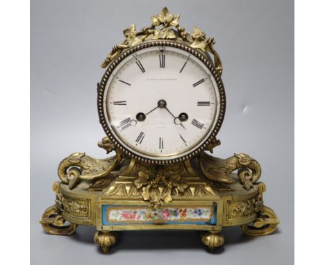 A 19th century ormolu and porcelain mantel clock, signed Albert Klaftenberger, height 26cm