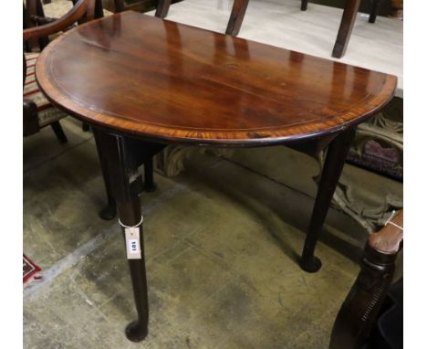 A George II satinwood banded mahogany pad foot drop leaf table, 90cm extended, width 94cm, height 70cm