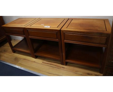 Three Chinese hardwood lamp / bedside tables, width 45cm, depth 38cm, height 50cm