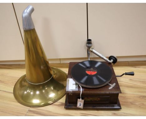 A table gramophone, The Shamrock, with horn, needles and two 78rpm records