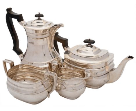 A George V silver four-piece tea and coffee service, maker Ollivant &amp; Botsford, London, 1915: of barge-shaped outline, in