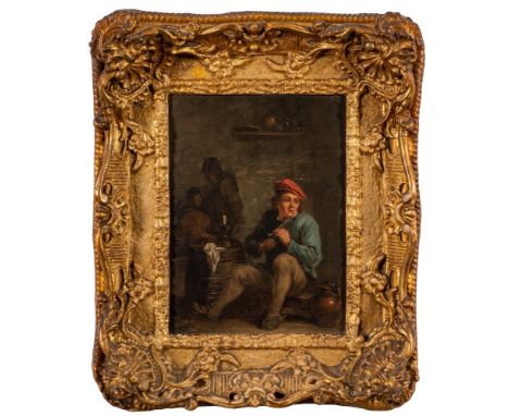 Dutch School 19th Century-Tavern interior, young man with clay pipe,:-oil on panel, 20.5 x 15cm.