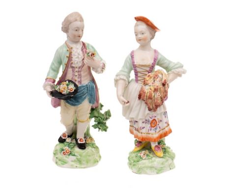 A pair of Derby figures of children emblematic of Spring and Summer: the boy holding a posy in one hand and flowers in his ha