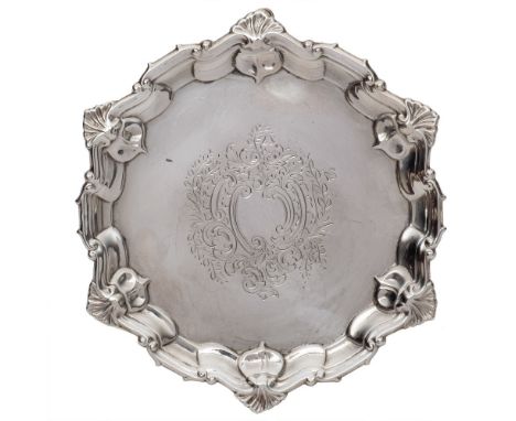 An Edward VII silver waiter, maker William Hutton &amp; Sons Ltd, London, 1909:  with engraved foliate cartouche and pie-crus