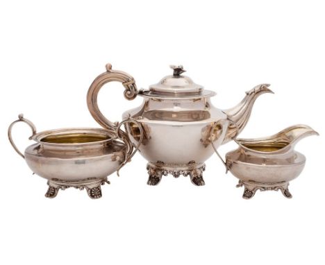A matched 19th Century silver three-piece tea service, various makers, London, 1829, 1834 and 1845: of squat circular form,  