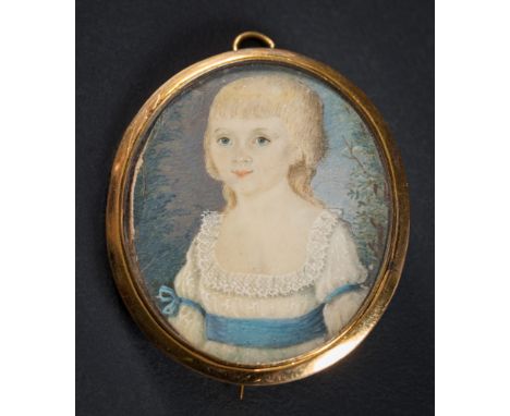 An early 19th Century oval portrait miniature portrait brooch: depicting a young girl with blonde hair wearing a lace trimmed