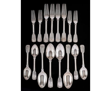 A Victorian silver Fiddle, Thread and Shell  pattern part flatware service, maker CB possibly Charles Boyton III, London, 189