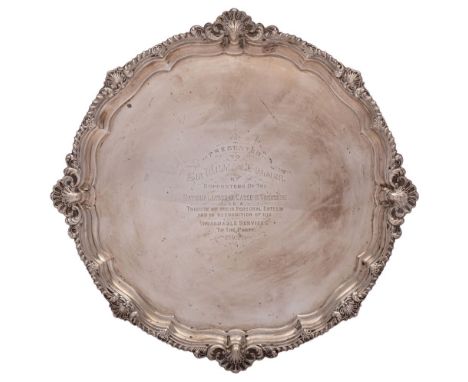 A George V silver presentation salver, maker G.H possibly Harrison Brothers &amp; Howson,  London, 1922: inscribed, of circul