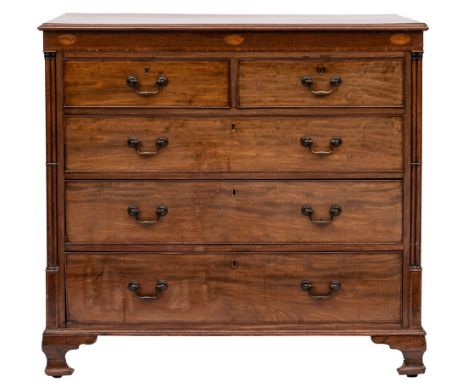 An early 19th Century mahogany and inlaid rectangular chest:, the top with a moulded edge, the crossbanded and chequer strung