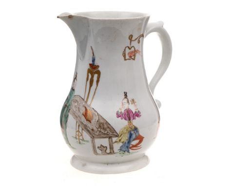 A First Period Worcester 'scratch cross' cider jug: of baluster form with scroll handle, painted in Chinese famille rose styl