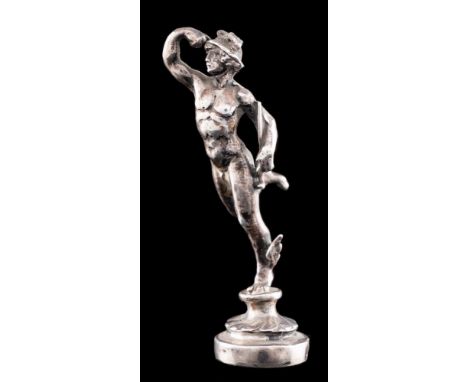 A Continental silver novelty pipe tamper, modeled as Mercury, bears import marks for Berthold Muller,  London, 1915:  on a ci