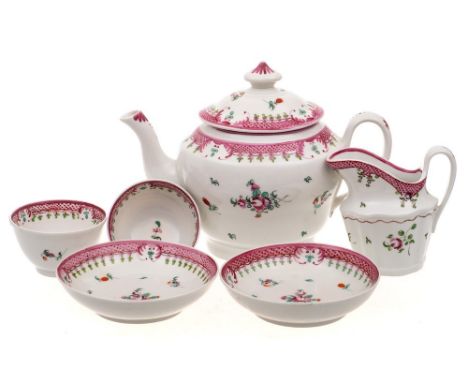 A New Hall part tea service: decorated with floral sprays and sprigs within magenta scale borders, pattern.no.273, circa 1790