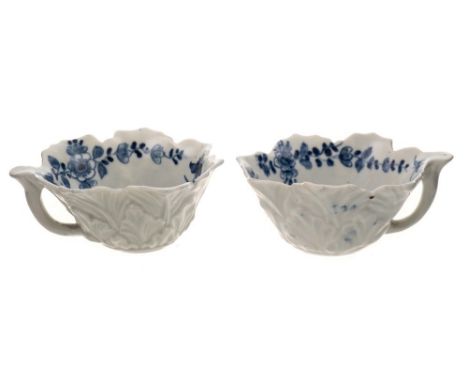 Two First Period Worcester geranium moulded butterboats: painted in the 'Pickle Leaf Daisy' pattern [I.E.41], workman's marks