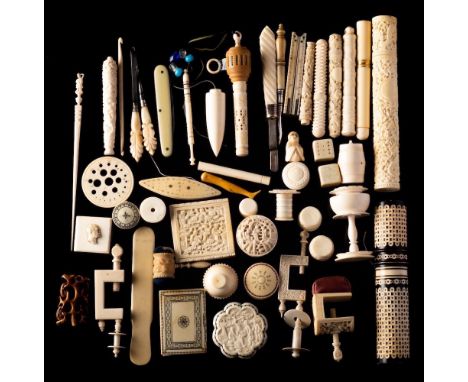 A group of 19th and early 20th Century ivory sewing accoutrements: includes bodkin cases, pin cushions, cotton reel holders, 