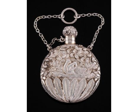 A Victorian silver scent flask, maker Sampson Mordan & Co, London, 1876: one side decorated with a swan, the other with a squ
