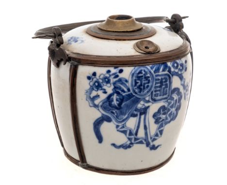 Two Chinese blue and white bowls and a lamp: the bowls painted with birds, foliage and rockwork, character and seal marks, la