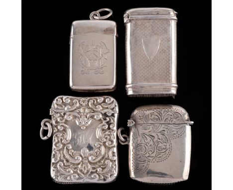 A Victorian silver vesta case, maker's mark worn possibly RM Birmingham, 1876: with engine turned decoration, 5cm high, toget