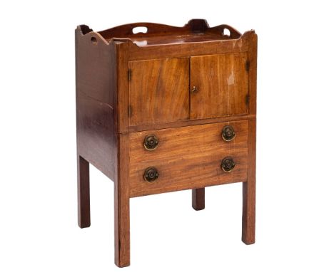 A George III mahogany and inlaid converted tray top commode:, bordered with boxwood lines, the top with carrying handles, enc